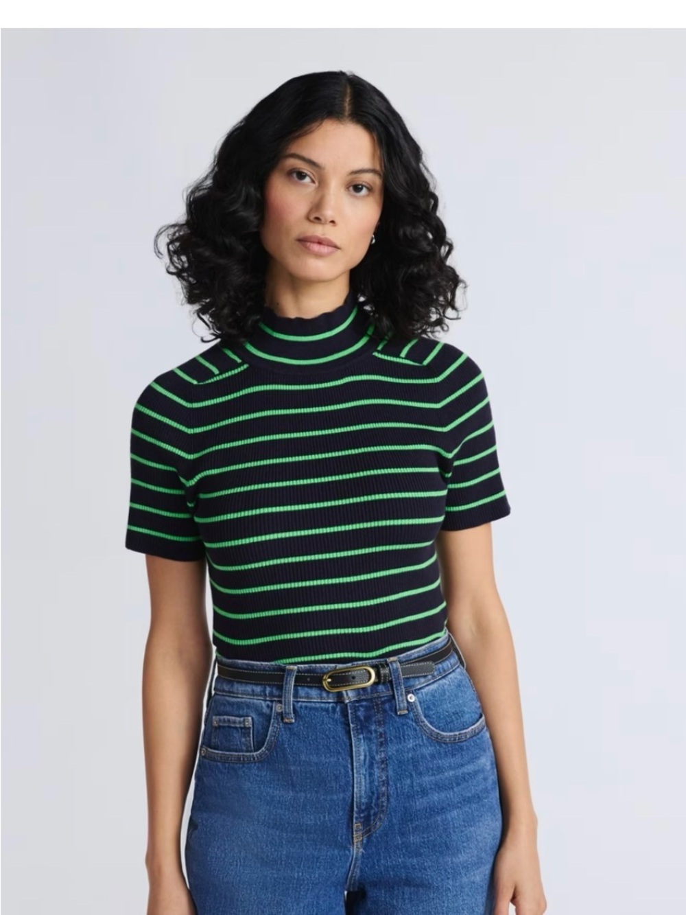 Ribbed Mock Neck Short Sleeve Top in Black and Green